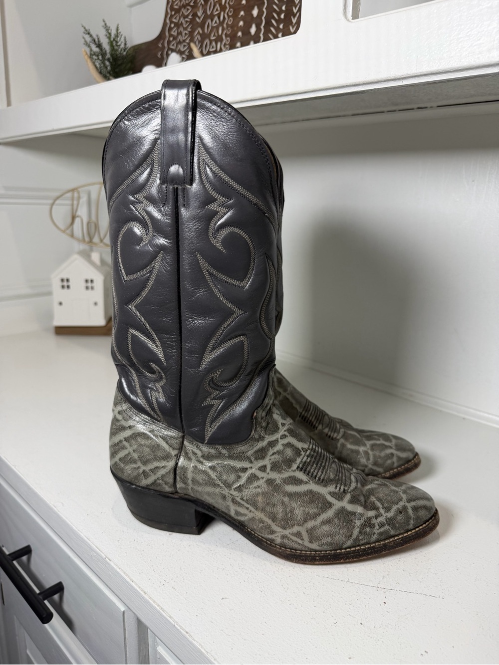Vintage Abilene Men’s 9.5D Gray Elephant Print Leather Cowboy Boots USA - Picture 5 of 9